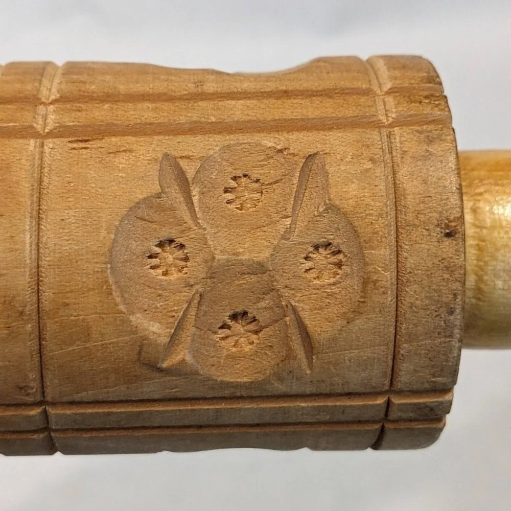 Vintage Wooden Springerle Rolling Pin Carved Bird Butterfly Flower Cookie Mold